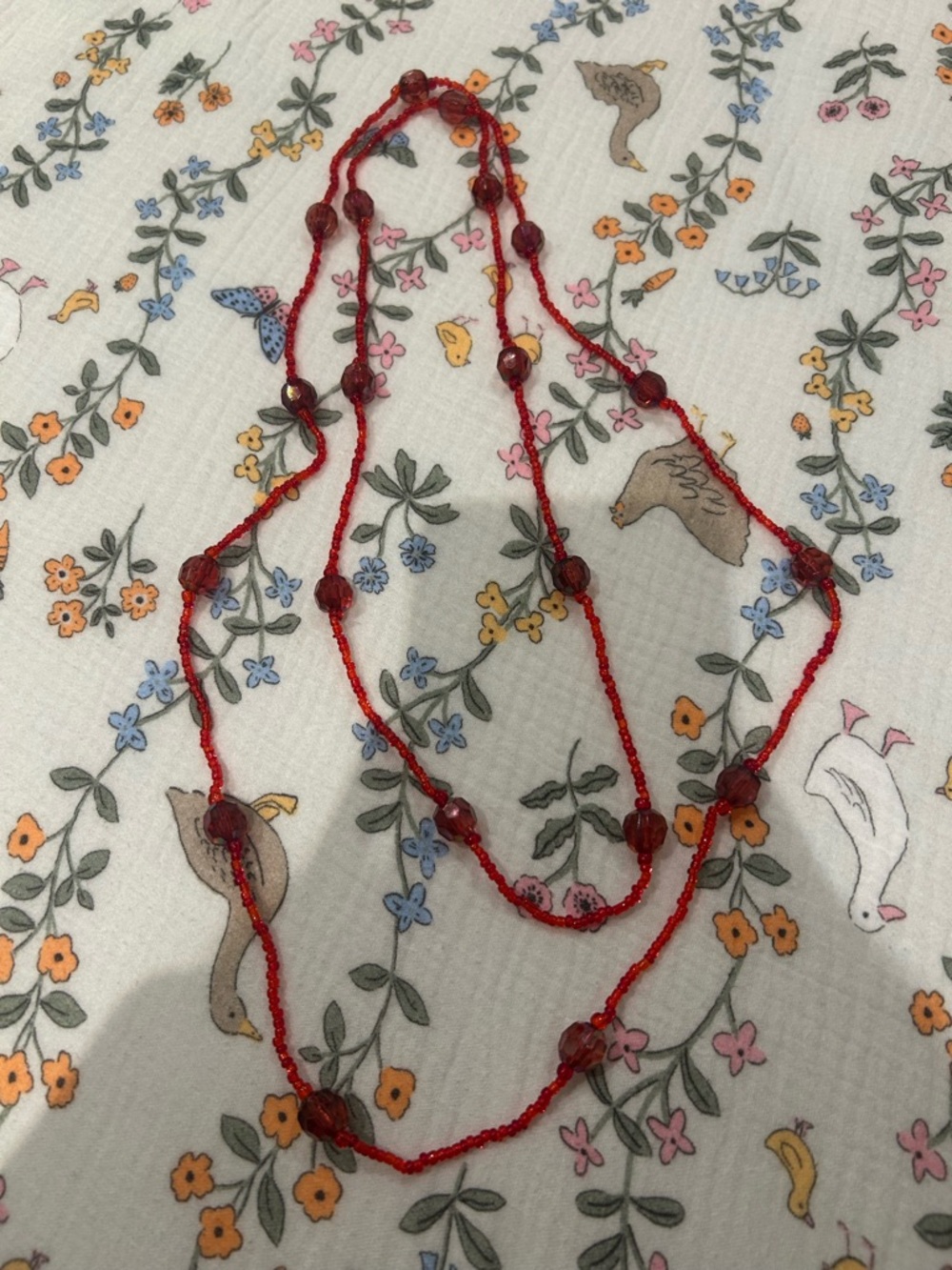 Vintage Long Red Glass Bead Necklace Continuous Strand